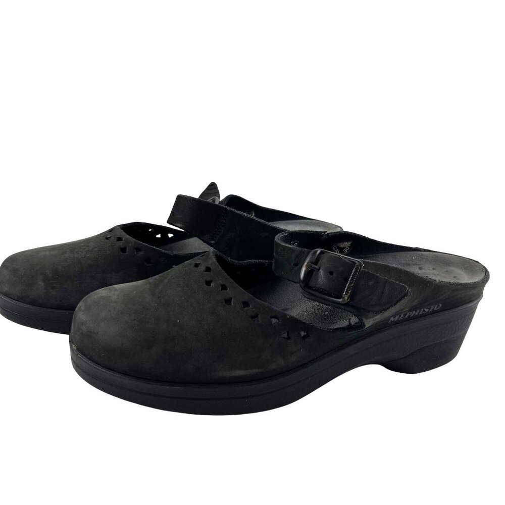 Mephisto Womens 40  Black Suede Mary Jane Clogs Adjust Strap Perforated Pattern